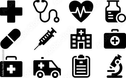 Medical icons set featuring hospital cross, heart pulse, stethoscope, medicine, syringe, emergency ambulance