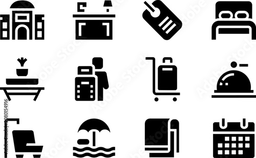 Hotel amenities and travel services icons featuring building, luggage cart, room bell, comfortable bed, towel, and booking calendar date