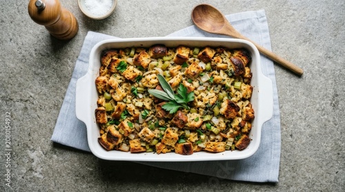 Golden brown baked bread stuffing with fresh herbs and celery in a white ceramic dish, ready to serve