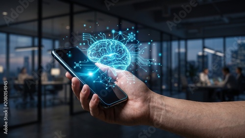 Hand Holding Smartphone with Glowing Digital Brain Hologram and Data Network in Modern Office