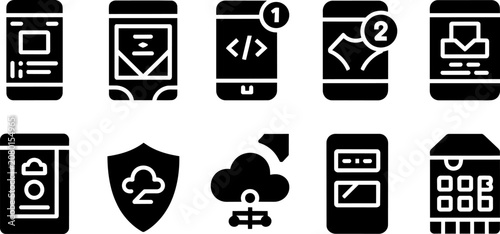 Mobile application interface icons featuring smartphone screens, development code, cloud computing symbols