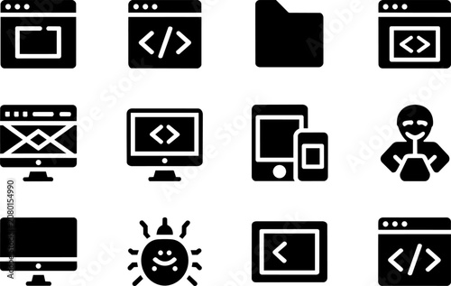 Software development icons featuring coding scripts, computer monitor hardware, mobile device displays, project folder, and system bug