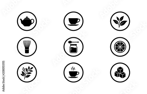 Foto Tea ceremony icon set with teapot cup green tea leaves matcha whisk honey jar lemon slice herbal branch and sugar cubes isolated on white background for cafe menu design and branding concepts