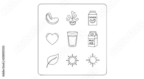 Foto Hand-drawn icons: cashew, milk, heart, leaf, sun, splash