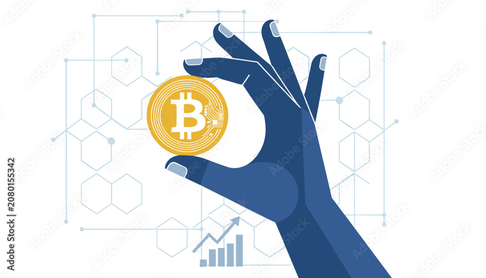 Obraz premium Dark blue hand holding a shiny golden bitcoin coin against white background with digital network graphics.