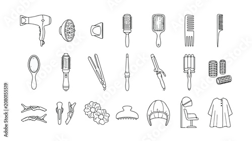 Tableau sur toile ヘアケアと美容のプロフェッショナルツール、モノクロ線画の美容室用品アイコンセット。髪のスタイリング、カット、パーマに使う道具のベクターコレクション。