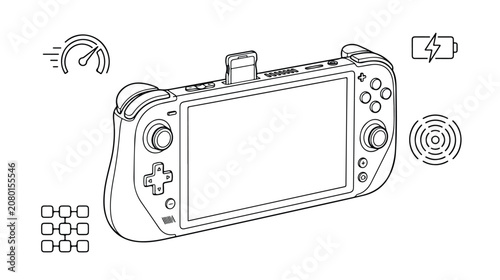 Foto 携帯ゲーム機と周辺機器のモノクロ線画イラストセット。ゲームコントローラー、充電、Wi-Fi、パフォーマンス、メニューアイコンを含む、モバイルゲーム体験を表現する