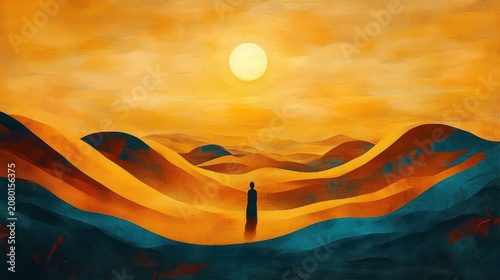 solitary silhouette standing among rolling golden dunes beneath a large glowing sun with teal shadows, evoking calm contemplation and quiet solitude