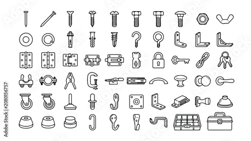 Tableau sur toile DIY、建築、修理プロジェクトに最適な、釘、ネジ、ボルト、ナット、ヒンジ、フック、ロックなどを含む50種類のハードウェアと工具のモノクロアウトラインアイコンセッ