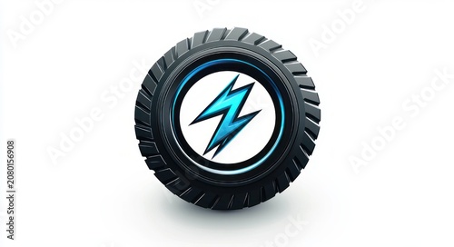 single black tire with blue double lightning bolt emblem on white hubcap, glossy modern look conveying speed and electric energy