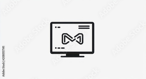 minimal black computer monitor icon showing an abstract mirrored loop emblem with small decorative dots on a clean white background, modern minimalist and professional feel