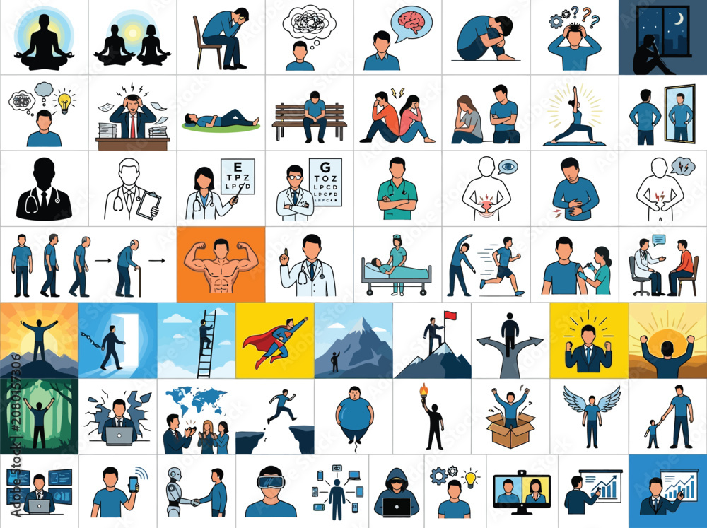 Fototapeta premium Human behavior vector illustration set showing mental health medical conditions and various professional business work situations