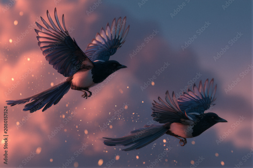 Fototapeta premium Two magpies soaring through pink sunset clouds with golden particles, cinematic lighting, and twilight sky gradients. Copy space on right for text. Ideal for lifestyle branding and editorial design.