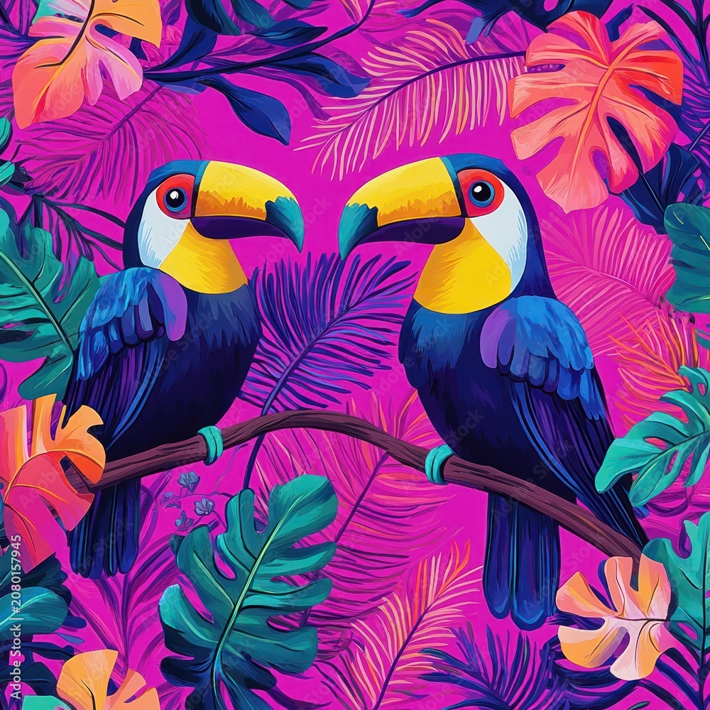 Fototapeta premium Two colorful toucans perched on a branch among lush tropical leaves against a neon pink background, playful and cheerful tropical scene