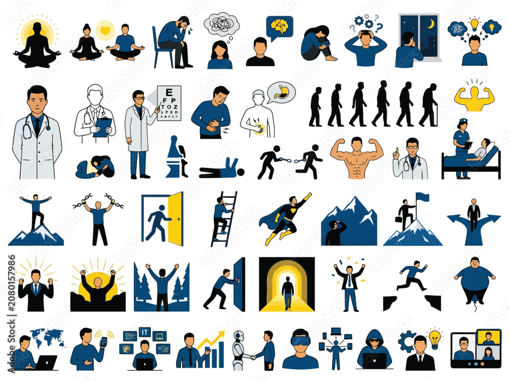 Fototapeta premium Comprehensive collection of flat vector character illustrations depicting diverse human life situations and professional business concepts