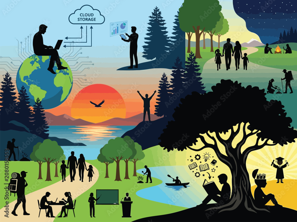 Fototapeta premium Silhouette vector illustration showing human activities like technology education nature recreation and global business lifestyle concepts