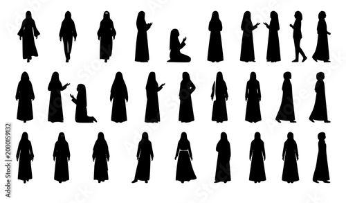 Obraz na płótnie Elegant Muslim Women Abaya and Hijab Silhouette Bundle with Islamic Fashion Vect