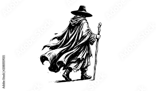 Fotografie Black and White Ink Illustration of Enigmatic Cloaked Character in Vintage Monoc
