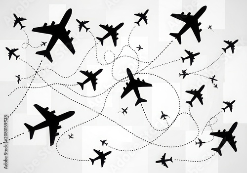 Airplanes flying on global flight routes map isolated on white background