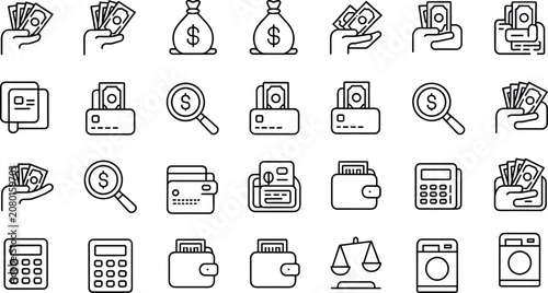 Photos Minimalist black outline business icons collection showing banking currency sear