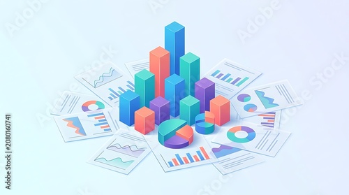 Data analysis visualization isometric charts and graphs for business reports and financial presentations