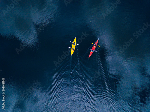 Aerial view of people kayaking in Vuoksi river
