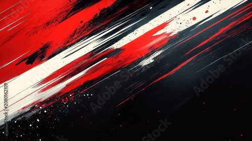 diagonal red and white paint streaks and splatters across a dark background conveying energetic, aggressive motion and high-contrast abstract intensity