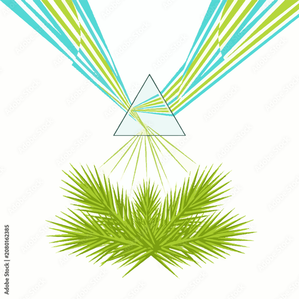 Naklejka premium Abstract illustration of a glass prism refracting light rays onto green palm leaves.