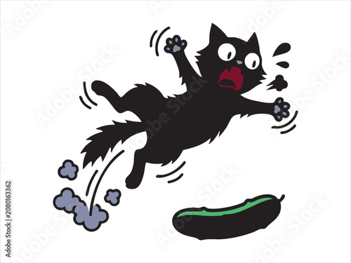 Obraz na plátne Illustration of a terrified black cat jumping in surprise at a cucumber