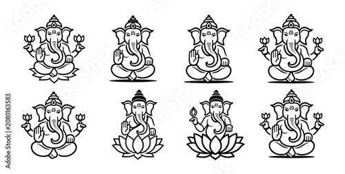 Photos A set of eight black and white illustrations depicting Lord Ganesha in various s