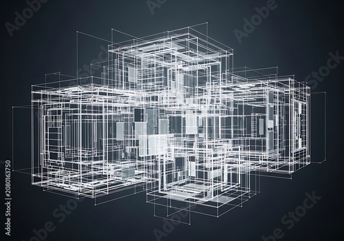 Architectural blueprint, 3D wireframe house plan, white lines on dark background, modern home design, building structure