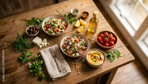 Top-down view of a sleek kitchen island filled with fresh Mediterranean salad ingredients and healthy bowls with an artistic heavy blur for premium diet backdrop.