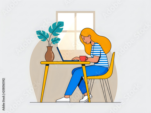 A woman working on a laptop at a desk isolated on white background