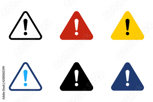 Set of warning, caution, danger, attention, alert, hazard icons, vector illustration