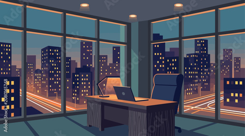 This flat design illustration presents an elegant executive office at dusk, showcasing the stunning backdrop of a downtown city alive with shimmering evening lights. 