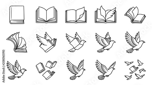 Book to Bird Transformation Icons: Knowledge, Freedom, Creativity, Ideas, Learning, Imagination