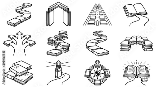 Book Path and Navigation Icons: Journey, Knowledge, Direction, Education, Discovery