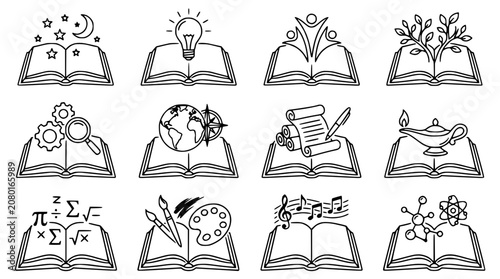Set of Education and Knowledge Icons on Open Books: Science, Art, Music, History, Geography, Innovation