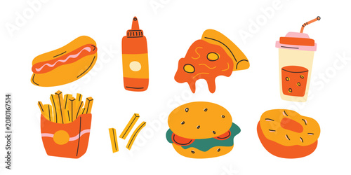 Colorful Fast Food Icons Illustration Featuring Burger, Fries, Pizza, Hot Dog and Soda