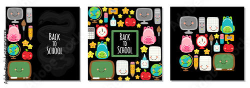 Back to School Posters Set with Cute Kawaii School Supplies and Classroom Characters