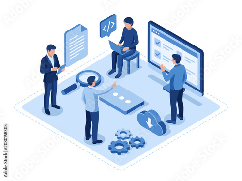 Four professionals collaborate within a blue isometric digital workspace, analyzing coding projects, reviewing documents, and managing shared cloud architectures