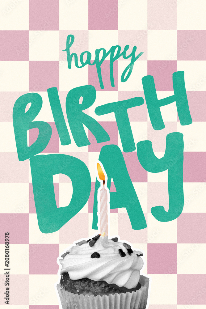 Fototapeta premium Happy birthday celebration with a cupcake and a candle on a checkered background