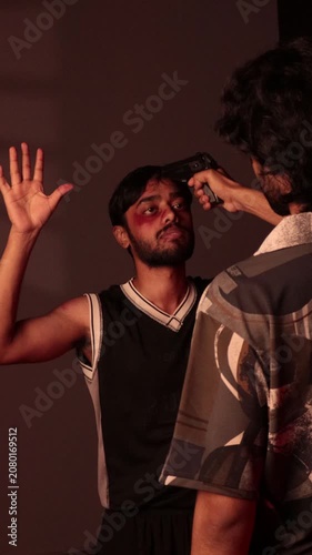 Kidnapped man raising hands as armed captor points handgun in intense fictional hostage scene