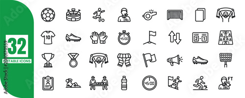 Schilderij op canvas Editable soccer icons set 32 black line style football graphics