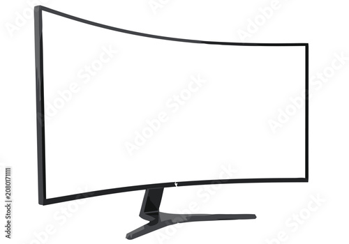 A sleek curved monitor sits on a stand, showcasing a blank screen in a modern setting with technology and design elements.