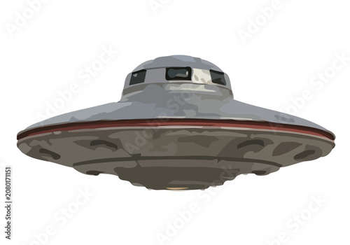 A futuristic spaceship flies through the sky with sleek design and red lights.