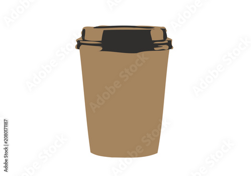 Illustration shows a brown disposable coffee cup with a black lid.