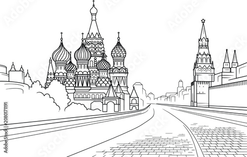 Saint basil cathedral iconic red square landmark moscow russia cityscape outline drawing vector architectural sketch art.