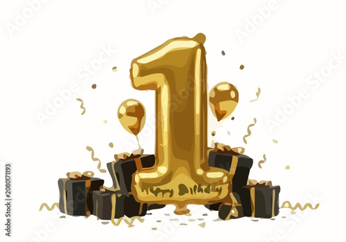 A golden balloon in the shape of a '1' surrounded by black gift boxes and confetti on a celebration table