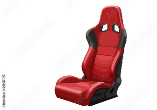 A sleek red racing seat with black accents sits alone indoors.